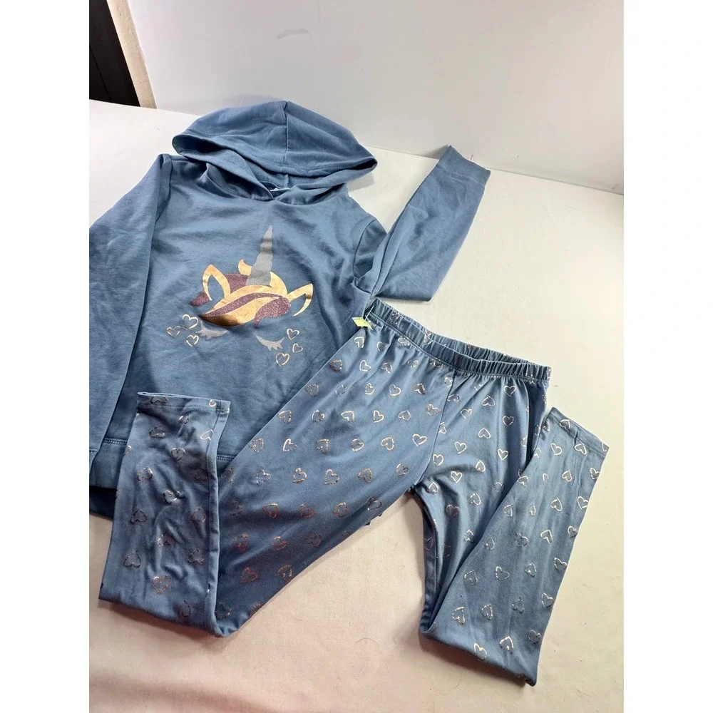 Extremely Me Outfit Set Girls 10/12 Blue Unicorn‎ Hoodie Heart Leggings 2pc Top
